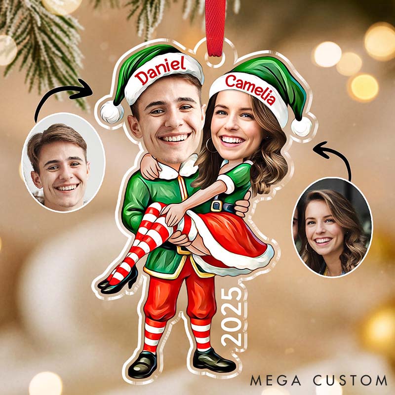 Personalized Couple Elf Photo Acrylic Christmas Ornament Custom Newlywed Name Xmas Ornament from Your Own Picture Our First Christmas Gift for Him Her