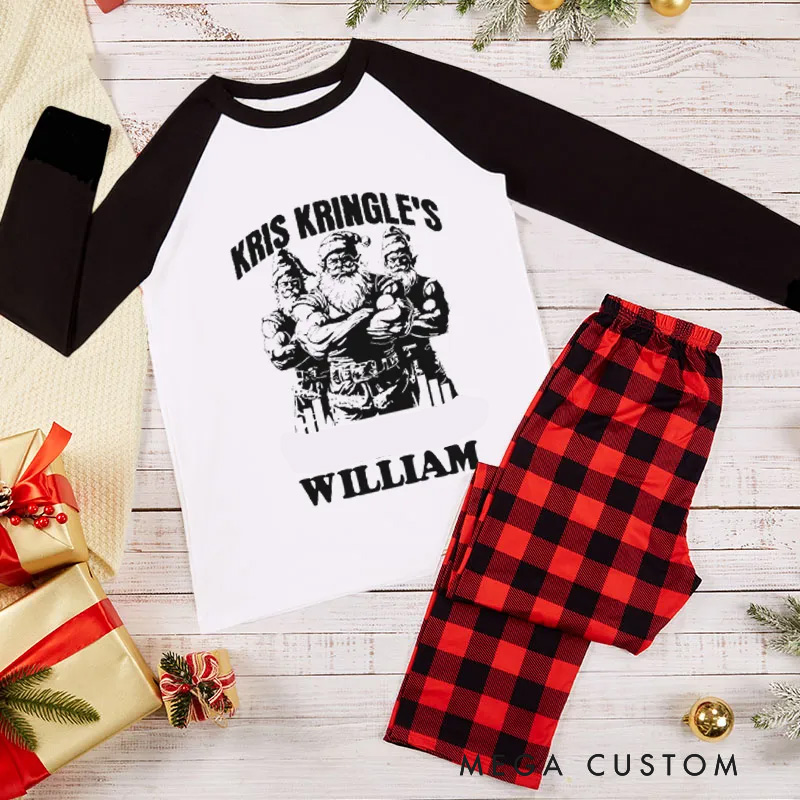 Personalized Couple Xmas Pajamas with Kris Kringles Iron Works Christmas Matching Pjs for Fitness Enthusiasts Bodybuilders and Gym Lovers Husband Wife Boyfriend Girlfriend