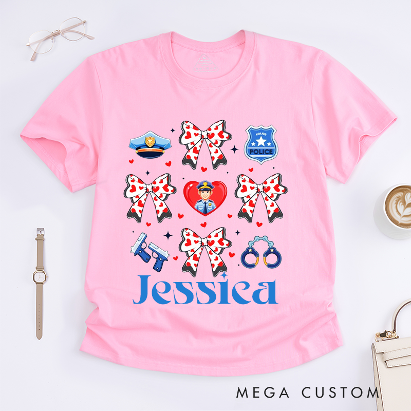 Personalized Police Themed Bow and Badge Design Gift for Wife Policewoman Police Officer T-Shirt