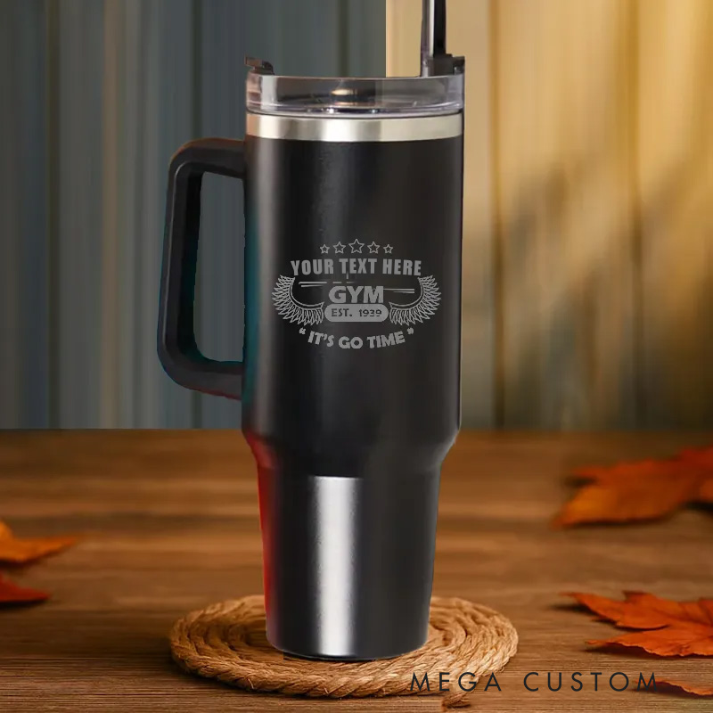 Personalized Handle Tumbler with Wings and Motivational Theme for Gym Lover Fitness Durable Hot or Cold Drinks