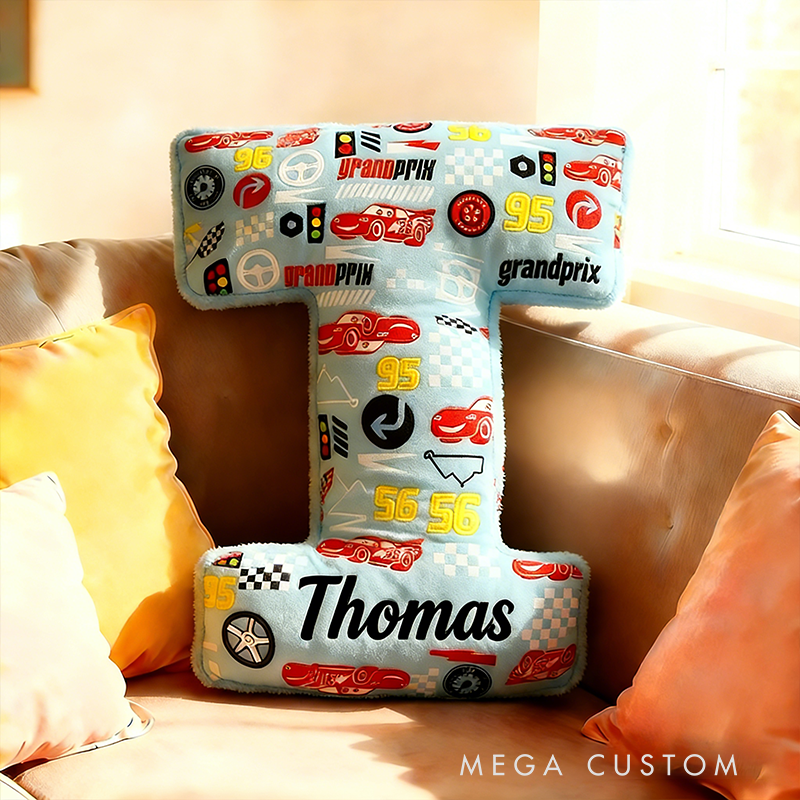 Personalized Racing Letter Pillow Custom Name Vehicle Pattern Alphabet Cushion Gift for Racers and Racing Fans