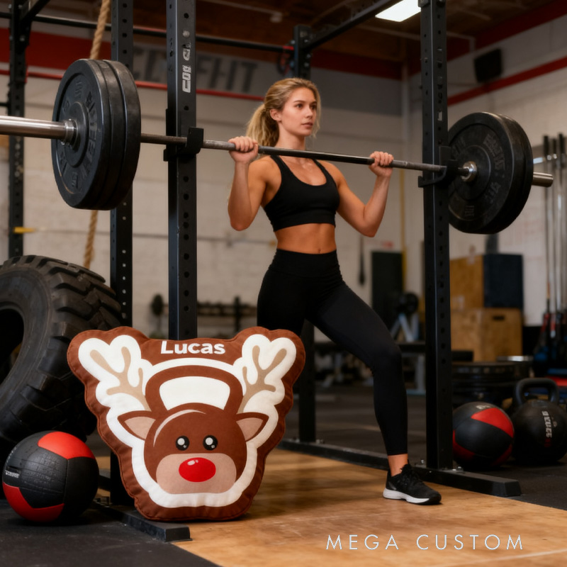 Personalized Reindeer Kettlebell Plush Pillow Graphic 3D Print Gift Ideas Weight Lifting Cute Gifts Custom Name Pillow Comfortable Christmas Decor for Gym Lovers