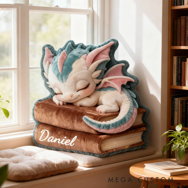 Personalized Sleeping Dragon and Book Throw Pillow Dragon Fantasy Bookish Pillow with Name for Kids Boy Girl Gift for Reading Lover Pillow