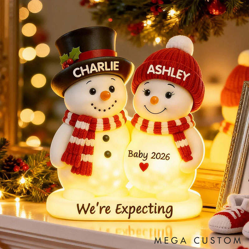 Personalized Couple Snowman Parents We're Expecting Pregnancy Baby Arriving Light Box Custom Night Light Decor Our First Christmas Gift for Him Her