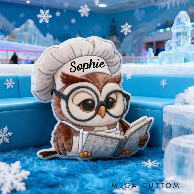 Personalized Reading Owl Throw Pillow Baking Owl Pillow Fantasy Bookish Pillow with Name for Kids Boy Girl Gift for Reading Lover Pillow