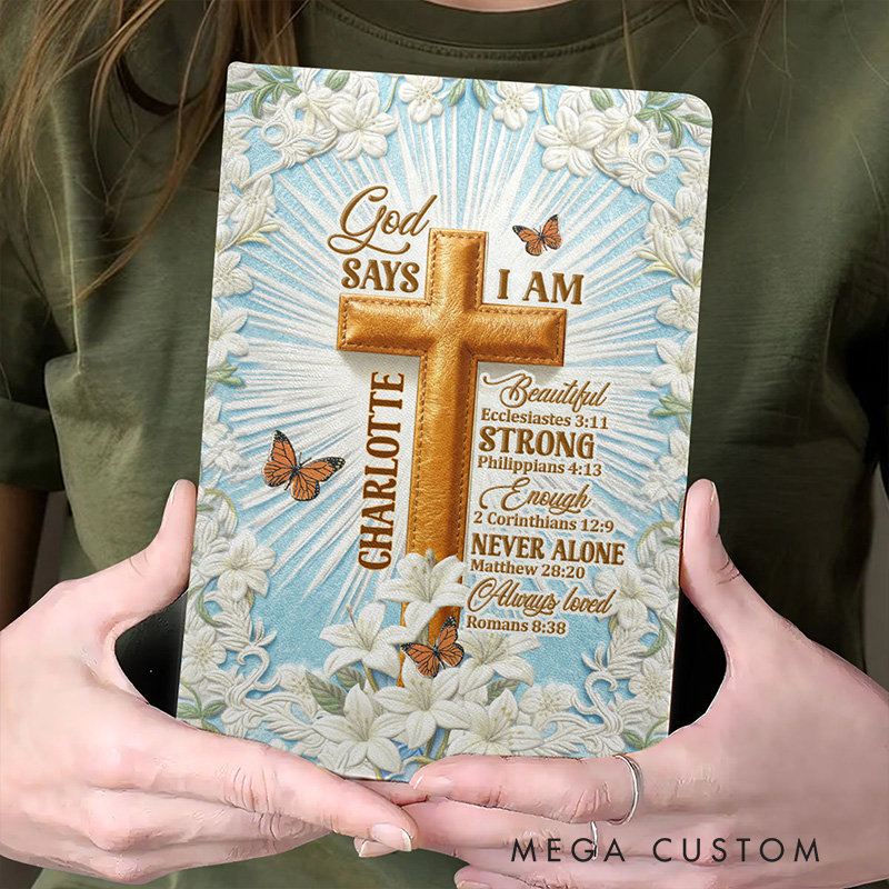 Personalized Floral God Says i am Leather Cover Notebook with Name Bible Study Notes Religious Gift for Christians Birthday Gift for Women