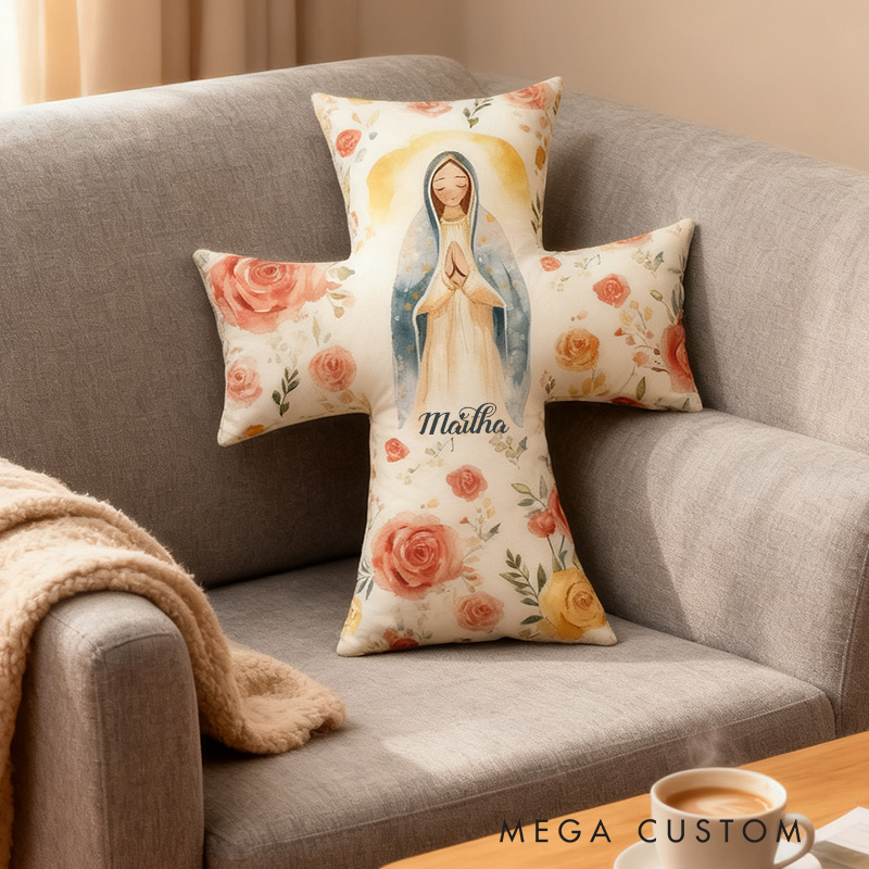 Personalized Virgin Mary Cross Pillow with Custom Name Home Decor Christian Faith Pillow Retro Gift Religious Gift Catholic for Women