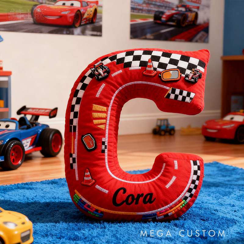 Personalized Racing Letter Pillow Custom Name 3D Graphic Print Race Track Alphabet Cushion for Racers and Motorsport Fans