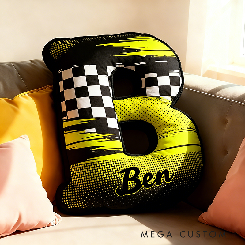 Personalized Racing Letter Pillow 3D Graphic Print Custom Name Alphabet Cushion for Racers and Motorsport Fans