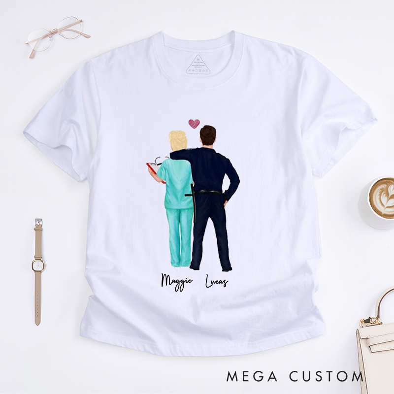 Personalized Couple in Uniform Nurse Design Gift for Wife Police Officer T-Shirt