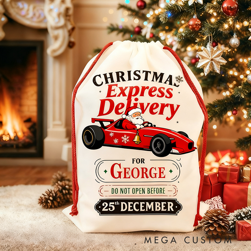 Personalized Christmas Sack Santa Driving Racing Car Custom Name Gift Bag for Racers and Race Lovers