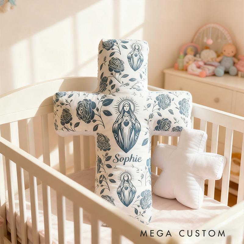 Personalized Virgin Mary Cross Pillow with Custom Name Home Decor Faith Pillow Religious Gift Catholic Gift for Women