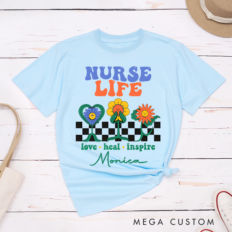 Personalized Nurse T-Shirts Nurse Life Love Heal Inspire Fashion Design T-Shirts