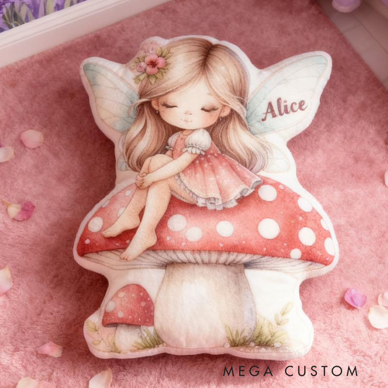 Personalized Fairy Girl Custom Name Soft Decorative Gift Magical Fantasy Style Cozy Nursery Sweet Mushroom Dream Lovely Wings Enchanted Forest Graphic 3D Print Pillow