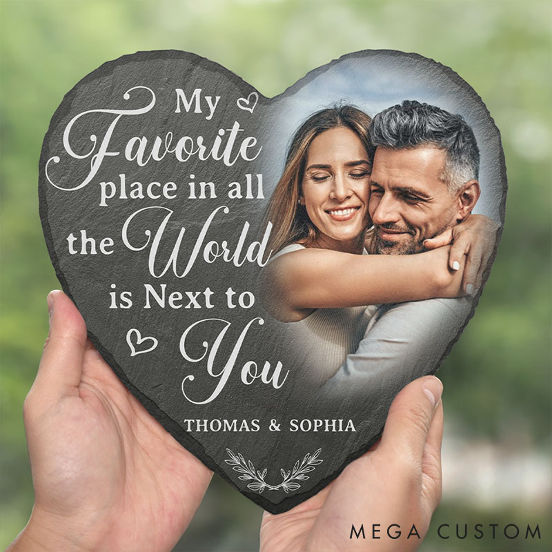 Personalized Couple Photo My Favorite Place In All The World Is Next To You Heart Shaped Stone With Stand First Christmas Gift Valentine's Day Gift