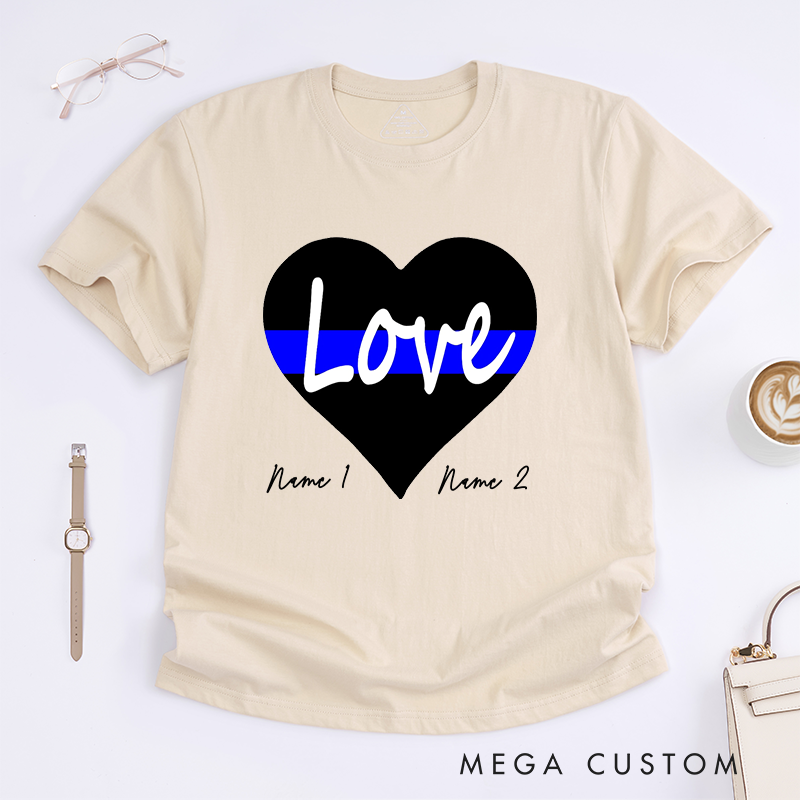 Personalized Police Love with Thin Blue Line Heart Design Gift for Wife Police Officer T-Shirt