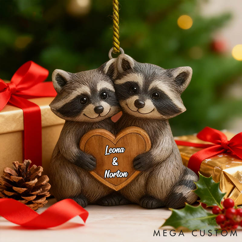 Personalized Couple Racoon 2D Flat Printed Acrylic Christmas Ornament Custom Newlywed Name Xmas Tree Ornament Our First Christmas Gift for Him Her