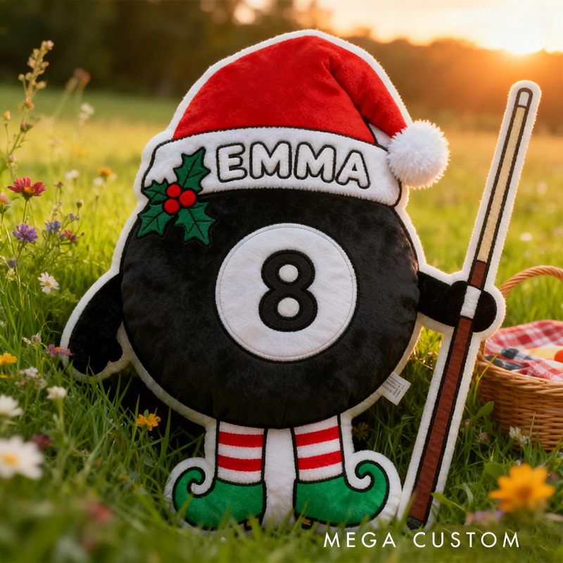 Personalized Christmas Pool Ball Pillow with Custom Name and Festive Design for Pool Lovers 