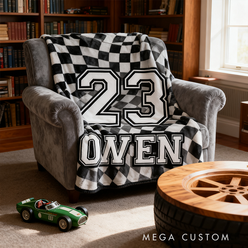 Custom Racing Checkered Flag Blanket Personalized Name and Number Sport Throw Blanket Gift for Racers and Motorsport Fans