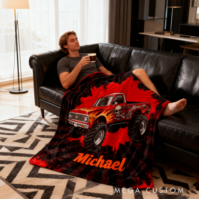 Personalized Monster Truck Blanket Custom Name Off Road Racing Throw Blanket for Racers and Racing Lovers