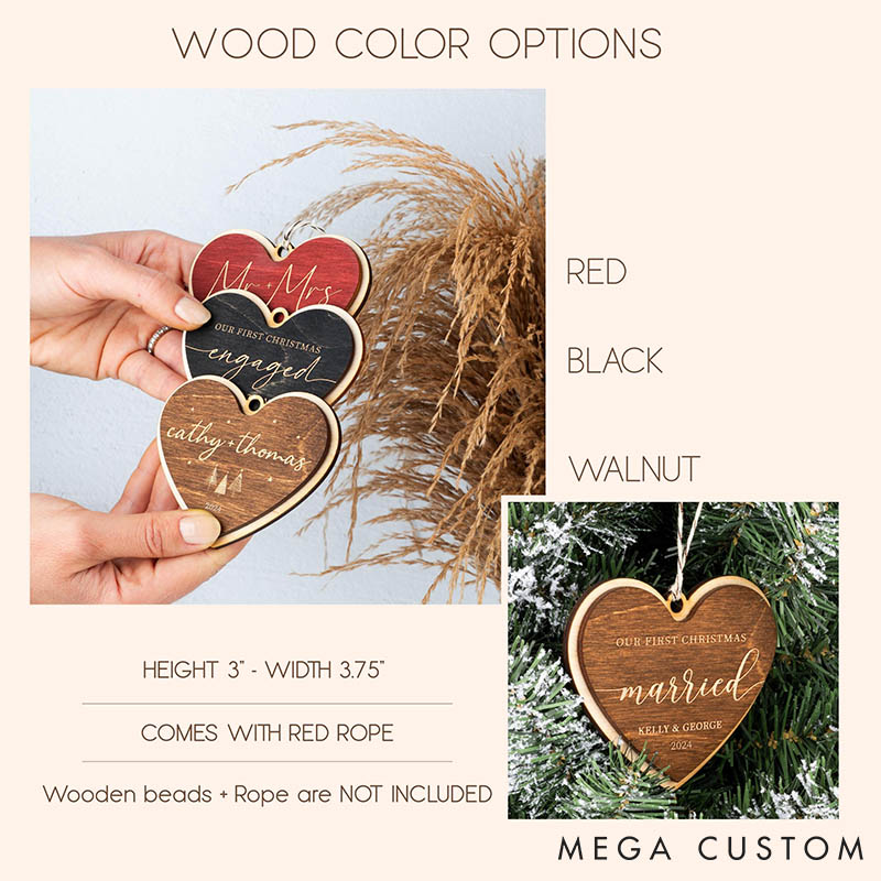 Personalized Couple Our First Christmas Married Wood Hear Shaped Christmas Ornament Custom Mr and Mrs Wedding Engagement Xmas Ornament for Him Her