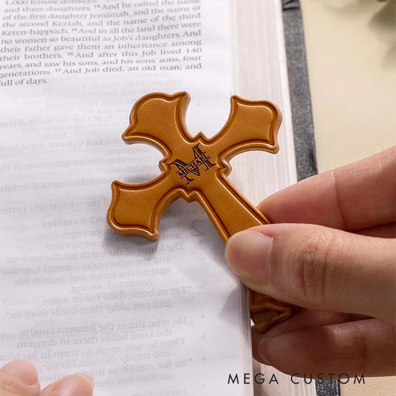 Personalized Cross Monogram Magnetic PU Leather Bookmark Clip with Engraved Name Religious Gift for Christians