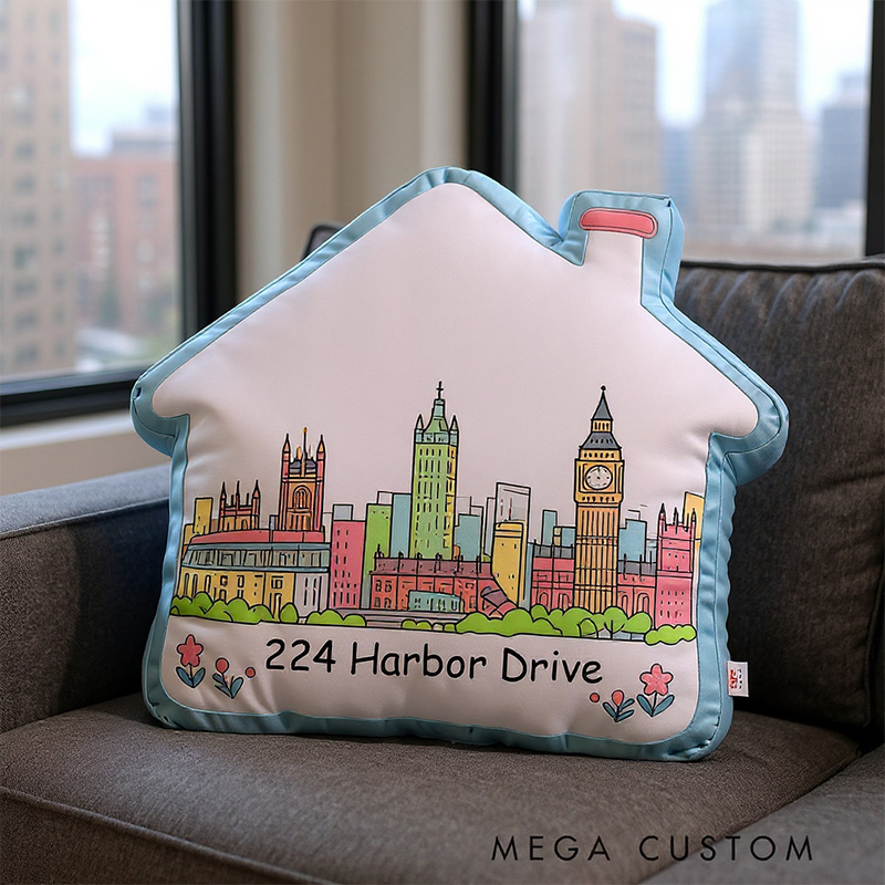 Personalized City Skyline Pillow House-Shaped Custom Address Bedroom Living Room Gift Decor Modern Skyline Holiday Keepsake
