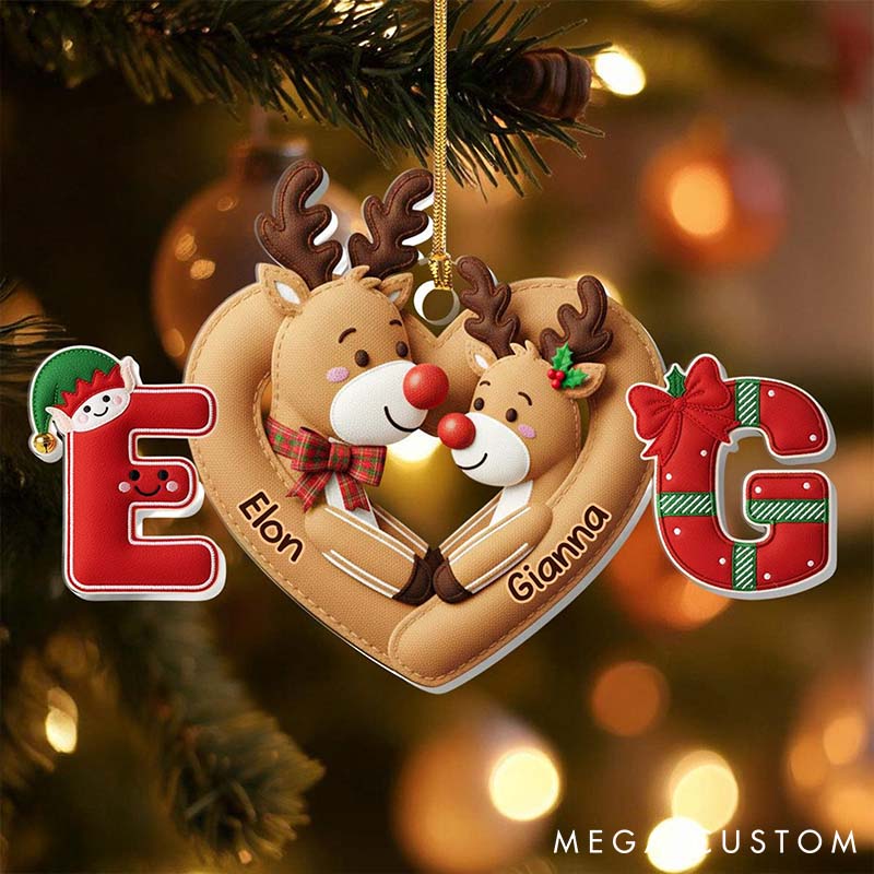 Personalized Couple Faux Fabric Reindeer 2D Flat Printed Acrylic Christmas Ornament Custom Newlywed Name Heart Xmas Ornament Our First Christmas Gift
