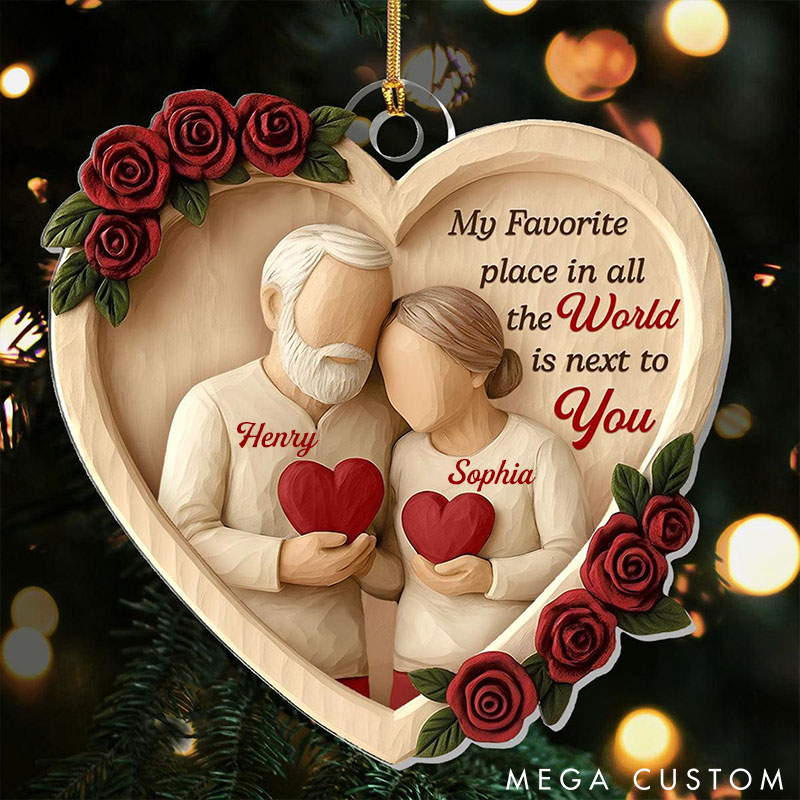 Personalized Old Couple Christmas Ornament 2D Flat Anniversary Ornament Rustic Wooden Heart Keepsake My Favorite Place is Next to You Decor