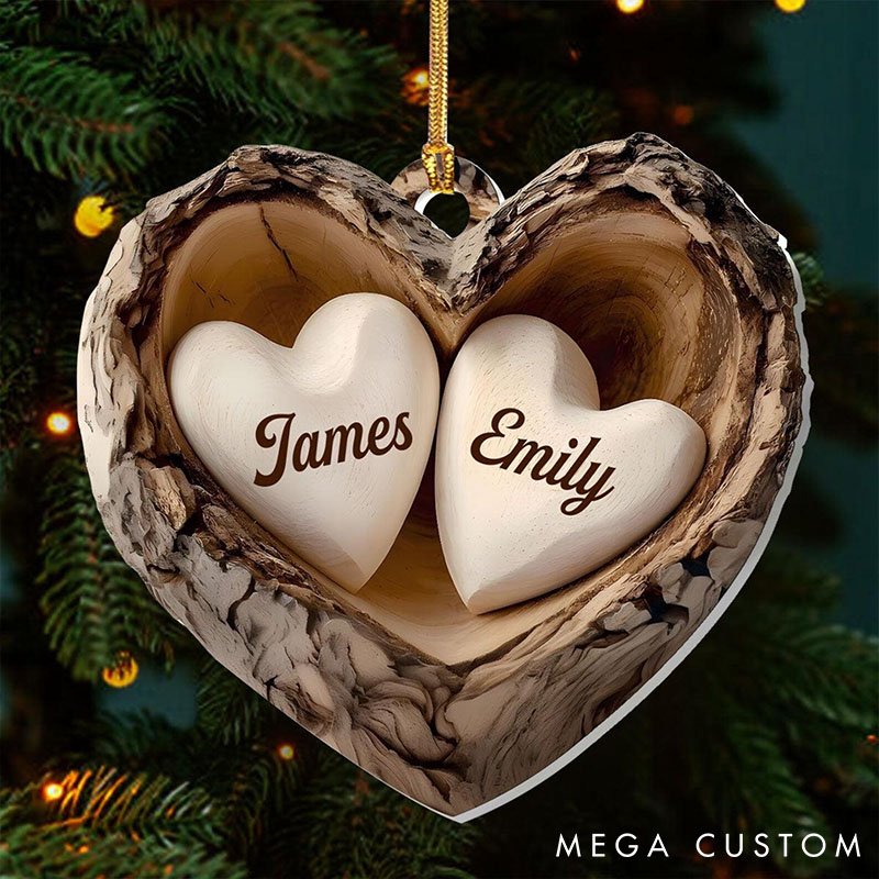 Personalized Rustic Couple Heart Ornament Custom 5 Years Anniversary Gift Ornament 2D Flat Acrylic Two Hearts Christmas Keepsake for Couple 