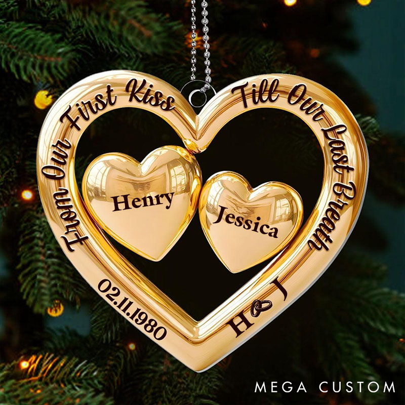 Personalized Couple Heart Ornament Custom Xmas Golden Heart Keepsake Couple Anniversary Heart Ornament 2D Flat Ornament for Husband Wife