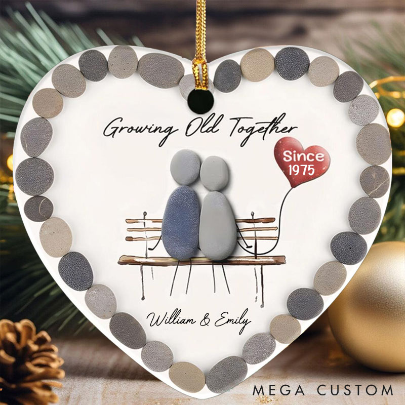 Personalized Growing Old Together Heart Ornament Couple Pebble Art Keepsake 2D Flat Anniversary Gift for Husband Wife Couple Christmas Gift
