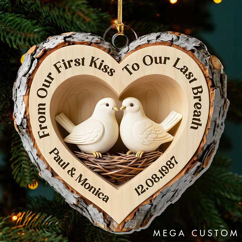 Personalized Couple Faux Wood Love Birds Acrylic Christmas Ornament 2D Flat Printed First Kiss To Last Breath Ornament Anniversary Christmas Gift