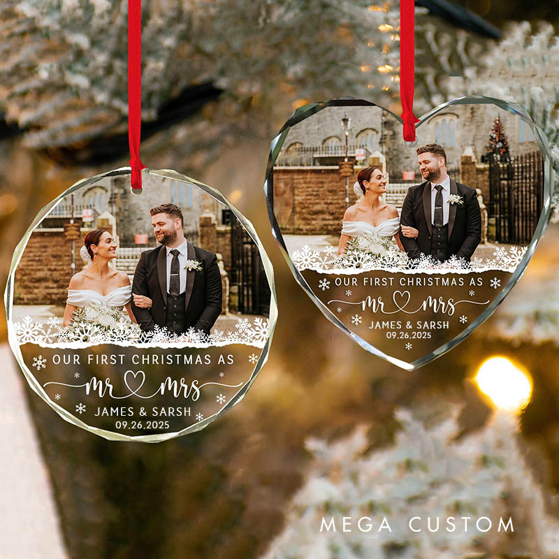 Personalized Couple Wedding Photo Glass Ornament Custom First Christmas Married Glass Ornament Our First Christmas Gift Engagement Gift for Newlyweds