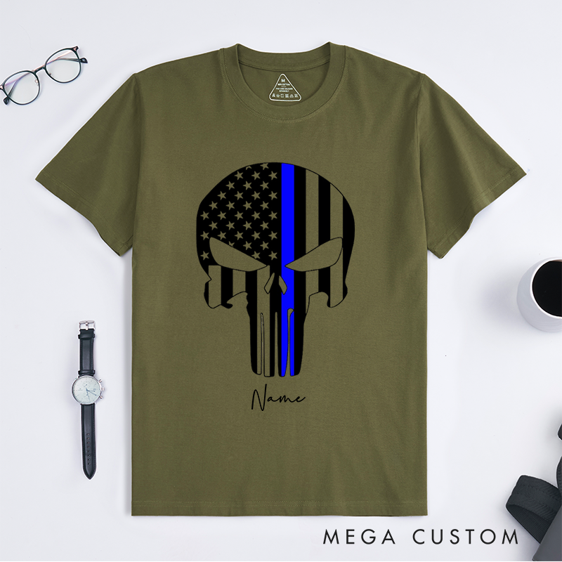 Personalized Thin Blue Line Punisher Skull Design Gift for Police Officer T-Shirt