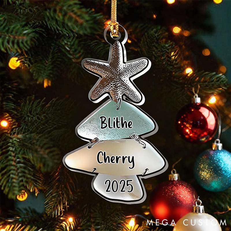 Personalized Couple Sea Glass Tree Acrylic Christmas Ornament Custom Beach Christmas Keepsake 2D Flat Printed Ornament Starfish Christmas Gift