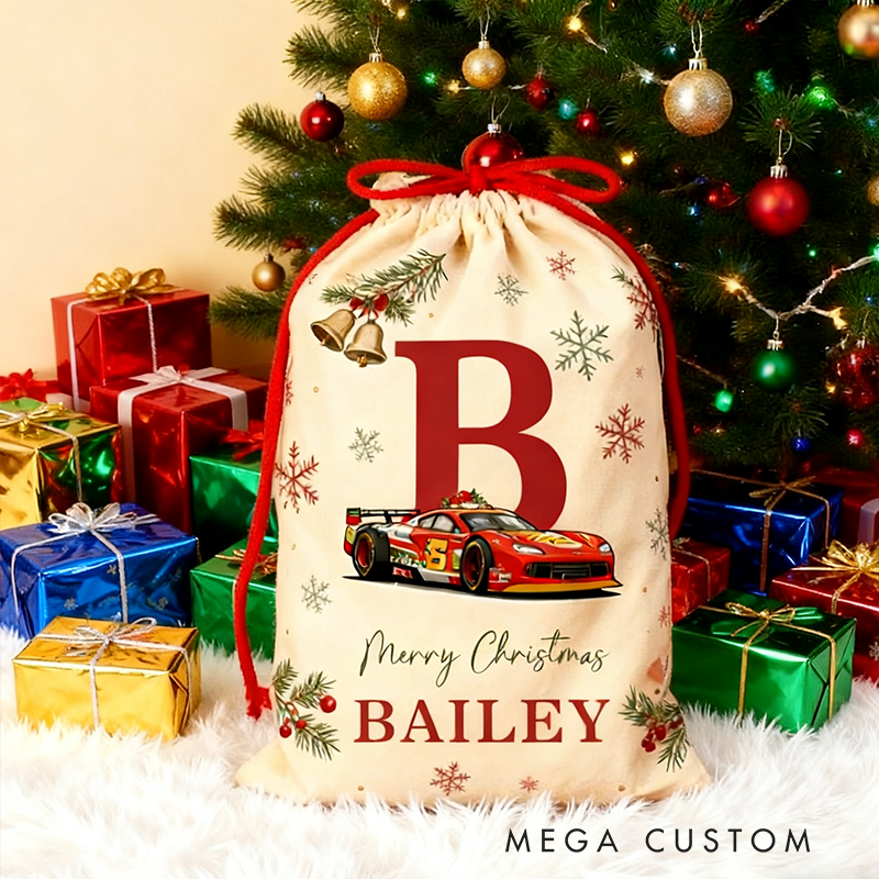 Personalized Initial and Name Racing Car Christmas Sack Custom Gift Bag for Vehicle Lovers and Holiday Decor