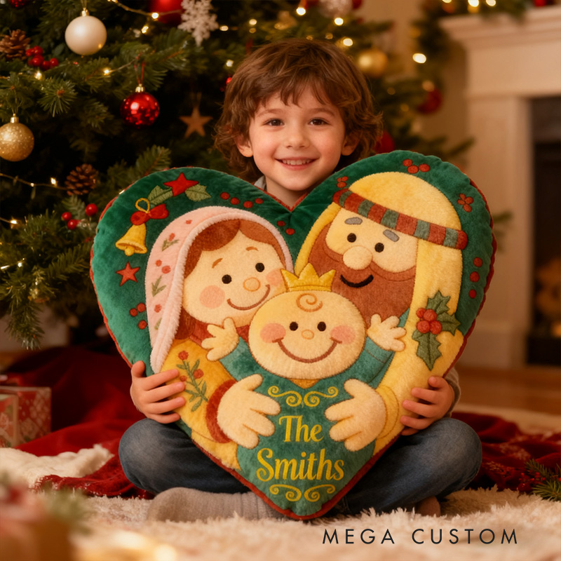 Personalized Nativity Scene Heart Pillow with Family Name Home Decor Graphic 3D Print Pillow Religious Gift for Christians