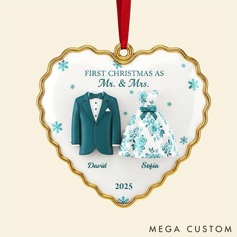 Personalized Frist Christmas As Mr Mrs Couple Ornament 2D Flag Heart Shaped Ornament Chrismas Decoration Gift for Newlyweds Gift for Couple