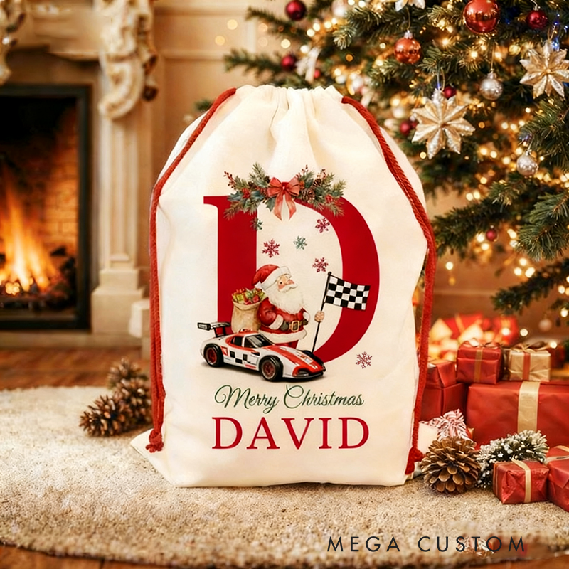Personalized Racing Car Christmas Sack Custom Initial and Name Gift Bag for Racing Car Lovers and Holiday Celebration