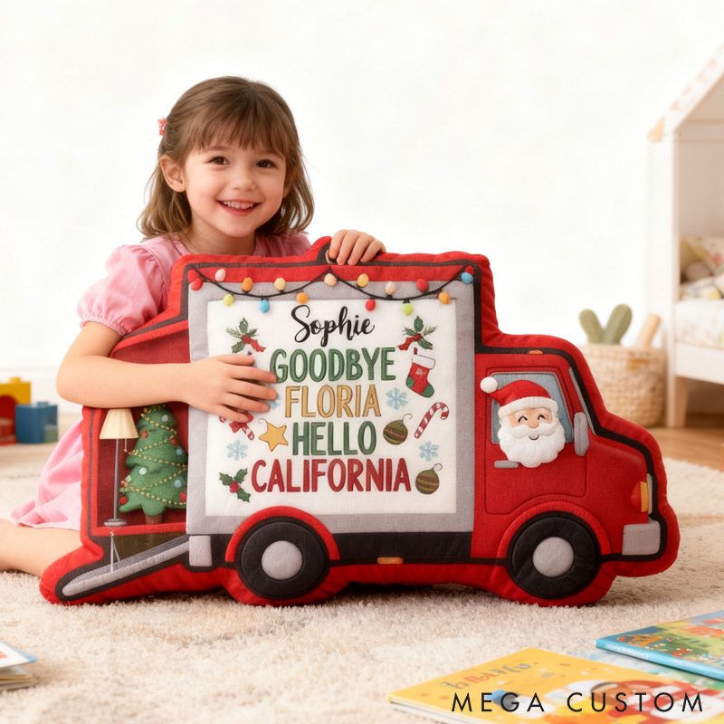 Personalized Moving Truck Pillow Custom Holiday Decoration with Names and Locations Keepsake for New Beginnings and Home Decor Christmas Gifts