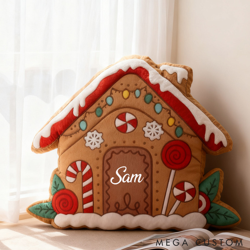 Personalized Gingerbread House Pillow Custom Holiday Decoration with Name Festive Christmas Design Cozy Keepsake Cushion for Seasonal Home Decor