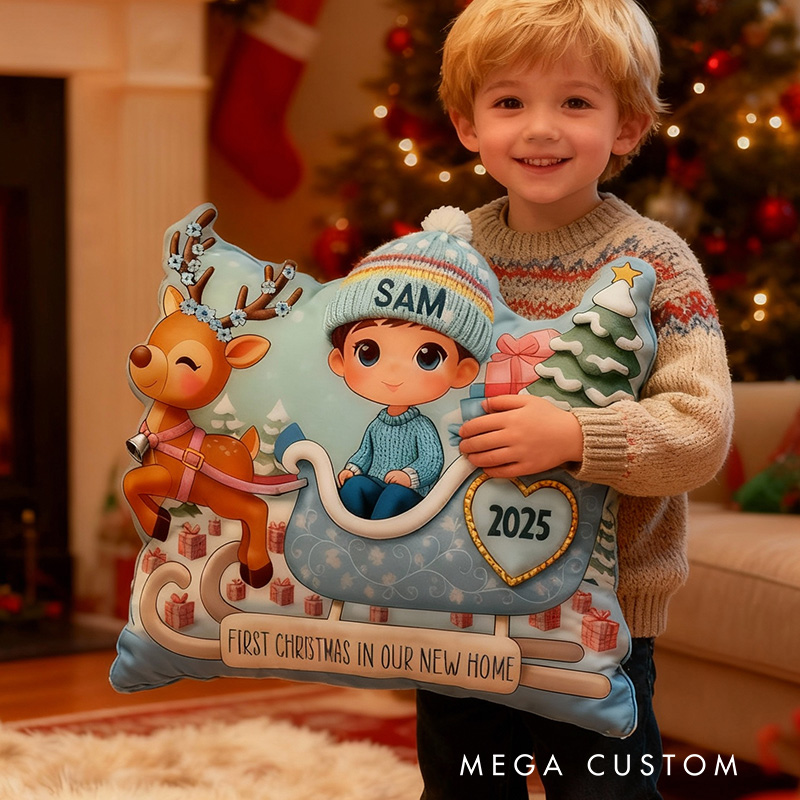 Personalized First Christmas Pillow Custom Name Sleigh Design Holiday Decoration for Boys Christmas Gifts