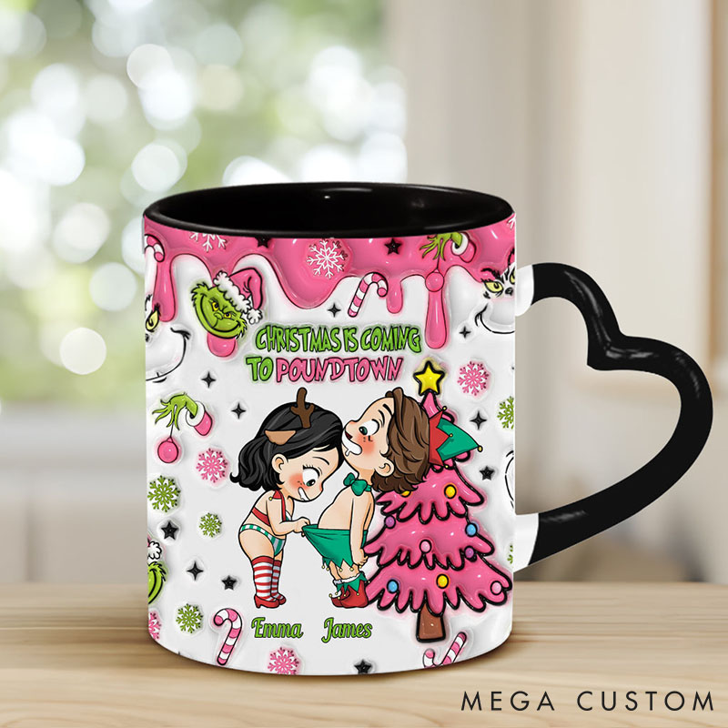 Personalized Couple Christmas Is Coming Ceramic Mug Custom Cute Couple Sex Heart Handle Mug Christmas Gift for Him Her Boyfriend Girlfriend