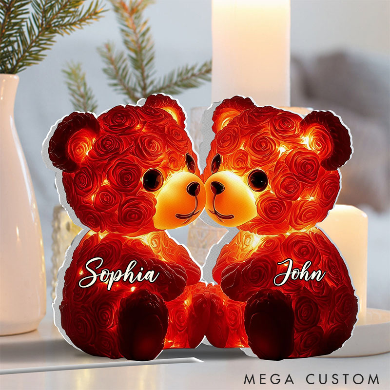 Personalized Cute Red Roses Bear Couple Shaped Light Box Couple Holiday Date Night Light Valentine's Day Gift for Couple