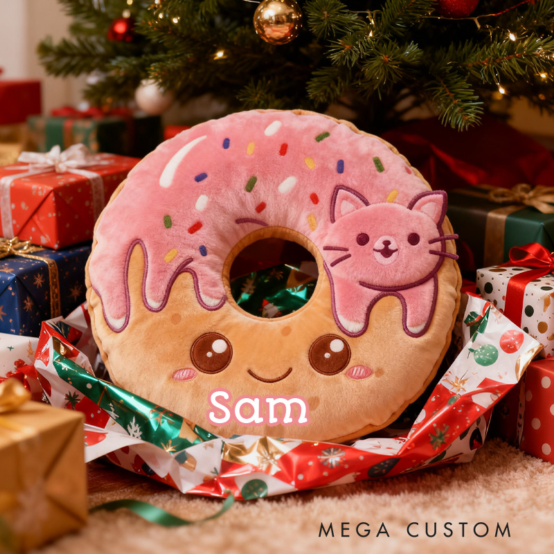 Personalized Pink Donut Throw Pillow Graphic 3D Print Donut and Cat Pillow with Name for Kids Grilfriend Baker Gift 