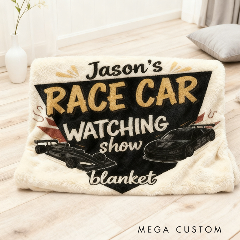 Personalized Race Car Watching Blanket Custom Name Soft Cozy Fleece Throw for Racing Fans and Car Lovers