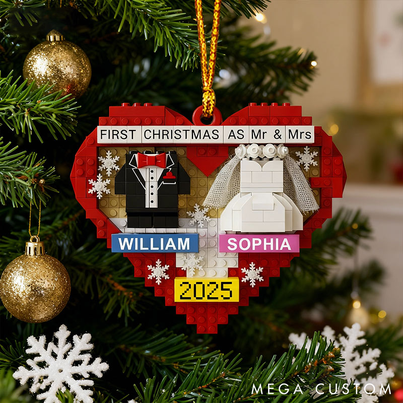 Personalized Frist Christmas As Mr Mrs Couple Ornament 2D Flag Brick-style Heart Shaped Chrismas Decoration Gift for Newlyweds Gift for Wife Husband
