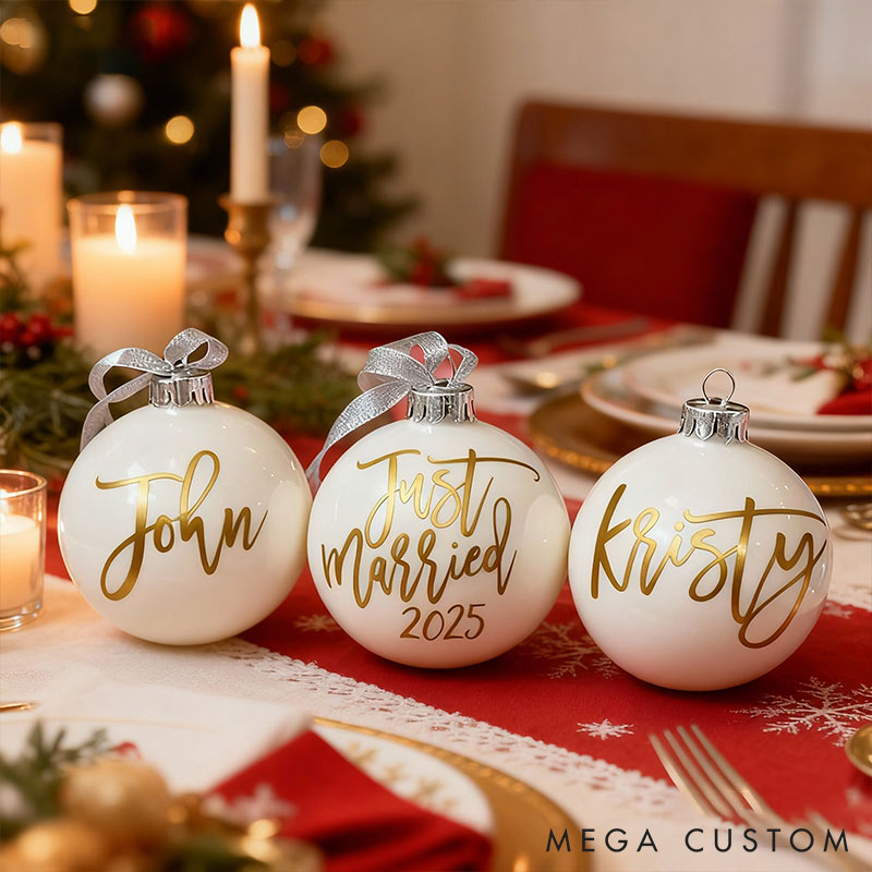 Personalized Just Married Matching Christmas Ball Ornament Our First Christmas Ornament Set For Newlywed Couple Wedding Ornament Keepsake