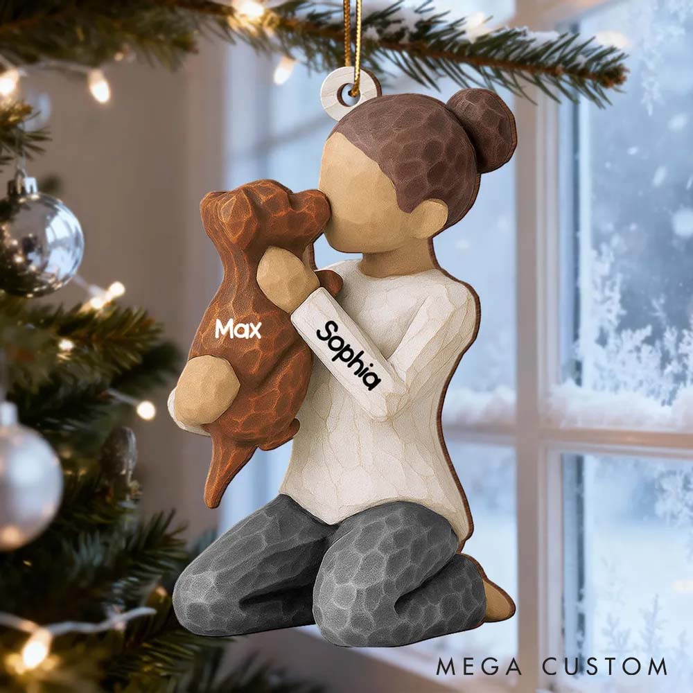 Personalized Dog Lover Boy Girl Hugging Dog Ornament